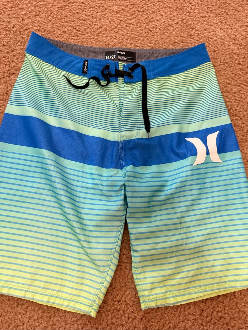 Hurley Blue & Light Green Striped Boys' Swim Trunks